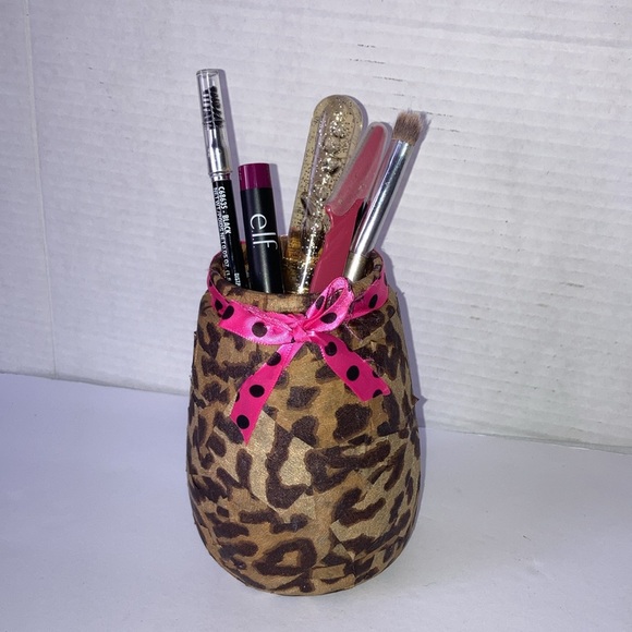 Makeup Brush Hair Brush Pen Pencil Display Cheetah Leopard Storage Jars Set of 2 - Picture 10 of 13